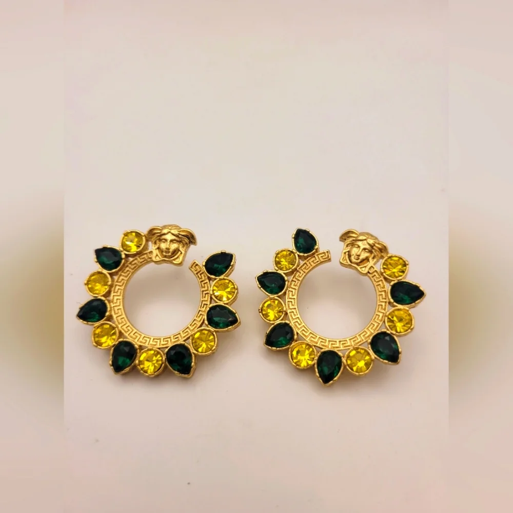 Rare Versace Medusa Green Hoop Pierced Earrings